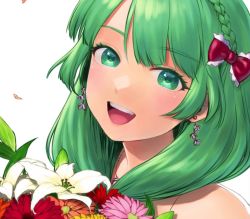 Rule 34 | 1girl, bow, commentary, earrings, eyelashes, flower, frilled bow, frills, front ponytail, green eyes, green hair, hair bow, happy, jewelry, kageharu, kagiyama hina, looking at viewer, medium hair, open mouth, red bow, simple background, symbol-only commentary, touhou, upper body, white background