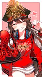Rule 34 | 1girl, ^ ^, artist name, black hat, blush, border, brown hair, buster shirt, closed eyes, clothes writing, commentary, cowboy shot, double m/, facing viewer, fate/grand order, fate (series), fork, grin, hat, head tilt, headphones, headphones around neck, heart, highres, holding, holding fork, holding plate, jacket, letterman jacket, long hair, long sleeves, m/, oda nobunaga (fate), oda nobunaga (swimsuit berserker) (fate), oda nobunaga (swimsuit berserker) (first ascension) (fate), oda uri, open clothes, open jacket, outline, outside border, peaked cap, pink background, plate, red jacket, red shirt, shirt, signature, simple background, skeleton, smile, solo, white border, white outline, yui (tamagohan)