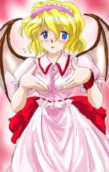 Rule 34 | 1girl, alice margatroid, bat wings, blonde hair, blue eyes, blush, bow, buttons, cosplay, eyebrows, female focus, flx, flying sweatdrops, frilled hairband, frilled shirt collar, frills, hairband, open mouth, pink hairband, pink shirt, pink skirt, puffy short sleeves, puffy sleeves, red bow, red ribbon, remilia scarlet, remilia scarlet (cosplay), ribbon, sash, shirt, short hair, short sleeves, skirt, solo, tareme, touhou, wings