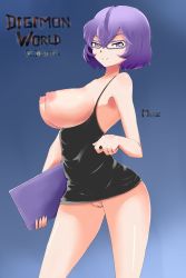 Rule 34 | 1girl, blue background, breasts, breasts out, copyright name, digimon, digimon world re:digitize, drawfag, glasses, gradient background, highres, huge breasts, mikagura mirei, mohun, purple background, purple eyes, purple hair, pussy, short hair, simple background, smile, uncensored
