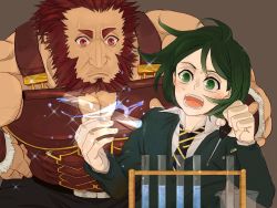 Rule 34 | 2boys, armor, beard, blush, chemistry set, chihare 27, facial hair, fate/zero, fate (series), green eyes, green hair, iskandar (fate), multiple boys, parted bangs, red eyes, red hair, size difference, sparkle, test tube, waver velvet