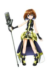 Rule 34 | 1girl, black dress, blue eyes, brown hair, closed mouth, dress, full body, hair between eyes, hair ornament, highres, holding, holding staff, looking at viewer, lyrical nanoha, mahou shoujo lyrical nanoha, mahou shoujo lyrical nanoha a&#039;s, medium hair, oshimaru026, short dress, simple background, sleeveless, sleeveless dress, solo, staff, standing, waist cape, white background, x hair ornament, yagami hayate