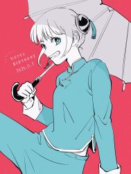 Rule 34 | 1girl, breasts, bun cover, chinese clothes, commentary request, dated, gintama, grin, happy birthday, highres, holding, holding umbrella, kagura (gintama), limited palette, medium breasts, smile, solo, umbrella, yonchi