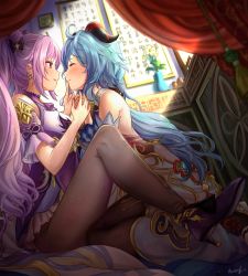 Rule 34 | 2girls, ^ ^, absurdres, aviary, bare shoulders, bell, black pantyhose, blue hair, blush, bow, breasts, closed eyes, cowbell, curtains, dress, earrings, flower, frilled dress, frills, from side, ganyu (genshin impact), genshin impact, hair bow, happy, high heels, highres, horns, indoors, jewelry, keqing (genshin impact), light rays, looking at another, multiple girls, open mouth, pantyhose, purple eyes, purple hair, smile, yuri