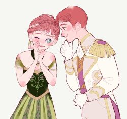 Rule 34 | 1boy, 1girl, anna (frozen), blush, braid, breasts, brown hair, coat, crown braid, dress, epaulettes, frozen (disney), gloves, green dress, grey background, grey pants, hand to own mouth, hans (frozen), jewelry, leaning forward, matatatatabi, medium breasts, necklace, off-shoulder dress, off shoulder, open mouth, own hands together, pants, red hair, short hair, short sleeves, sideburns, smile, updo, waistcoat, white coat, white gloves