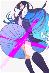 Rule 34 | 1girl, black border, black footwear, blue hair, blue skirt, border, breasts, buttons, colored inner hair, commentary request, danganronpa (series), danganronpa v3: killing harmony, eyelashes, feet out of frame, from below, glasses, high-waist skirt, kneehighs, large breasts, long hair, long skirt, long sleeves, looking ahead, me (lililico), multicolored hair, no jacket, open mouth, partial commentary, pleated skirt, round eyewear, shirogane tsumugi, shirt, simple background, skirt, socks, solo, teeth, translation request, upper teeth only, upskirt, very long hair, white background, white shirt, white sleeves, yellow eyes