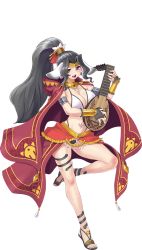 Rule 34 | 1girl, bikini, bikini top only, black hair, breasts, cape, character request, cleavage, feet, full body, highres, instrument, jewelry, large breasts, legs, long hair, looking at viewer, musician, open mouth, playing, ponytail, red eyes, sandals, sennen sensou aigis, smile, solo, swimsuit, thighs, thong, toes, transparent background, white background