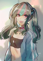 Rule 34 | 1girl, alternate hairstyle, black hair, blue hair, blue jacket, breasts, commentary request, cross, danganronpa (series), danganronpa 2: goodbye despair, ear piercing, heart, highres, jacket, jellicle341, jewelry, lip piercing, long hair, long sleeves, looking at viewer, mioda ibuki, multicolored hair, navel, necklace, open clothes, open jacket, piercing, pink eyes, pink hair, signature, small breasts, solo, tongue, tongue out, twintails, upper body, white hair