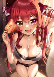 Rule 34 | 1girl, :d, arm up, bad perspective, bare shoulders, bikini, bikini under clothes, black bikini, blush, breasts, cleavage, collarbone, commentary request, cowboy shot, fang, food, hair ribbon, hand up, heterochromia, highres, holding, holding food, hololive, houshou marine, large breasts, long hair, looking at viewer, nail polish, navel, off-shoulder shirt, off shoulder, open mouth, pink eyes, popsicle, red hair, red nails, red ribbon, ribbon, see-through, shirt, short sleeves, skin fang, smile, solo, squchan, standing, stomach, swimsuit, thighs, very long hair, virtual youtuber, yellow eyes