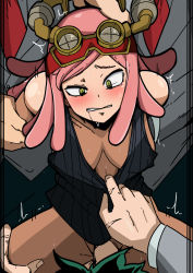 Rule 34 | 1girl, 3boys, absurdres, assisted exposure, bare shoulders, black tank top, blush, boku no hero academia, breasts, brown eyes, clenched teeth, collarbone, commentary, cowgirl position, downblouse, goggles, goggles on head, hand on another&#039;s head, hatsume mei, highres, large breasts, mark gavatino, midoriya izuku, multiple boys, necktie, no bra, penis, pink hair, rape, red neckwear, saliva, scar, scar on hand, school uniform, sex, straddling, sweat, symbol-shaped pupils, tank top, tearing up, teeth, trembling, u.a. school uniform, vaginal