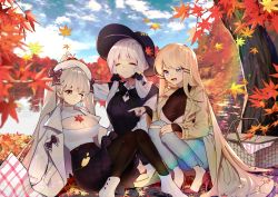 Rule 34 | 3girls, alternate costume, autumn leaves, azur lane, beige coat, belt, black bow, black headwear, black ribbon, blonde hair, blue eyes, blue sky, bow, breasts, cleavage cutout, closed eyes, clothing cutout, cloud, coat, denim, formidable (azur lane), hair ribbon, high heels, illustrious (azur lane), jeans, large breasts, leaf, leaf on breast, leaf on head, long hair, maple leaf, multiple girls, one eye closed, open mouth, pants, pantyhose, picnic basket, platinum blonde hair, purple skirt, purple sweater, red belt, red eyes, red footwear, reflection, ribbon, rimsuk, see-through, shiny skin, shirt, shoes, skirt, sky, sleeveless, sleeveless sweater, sweater, torn clothes, torn jeans, torn pants, tri tails, twintails, very long hair, victorious (azur lane), water, white coat, white footwear, white hair, white headwear, white shirt