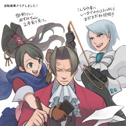 Rule 34 | ace attorney, ace attorney investigations, anger vein, annoyed, ascot, black hair, blue eyes, blue hair, coffee beans (5offee8eans), formal, franziska von karma, gloves, green eyes, grey hair, holding, holding whip, juliet sleeves, kay faraday, light blue hair, long sleeves, miles edgeworth, mole, mole under eye, paper, parted bangs, ponytail, puffy sleeves, red suit, ribbon, scarf, short hair, suit, writing