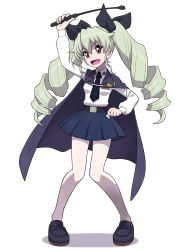 Rule 34 | 10s, 1girl, anchovy (girls und panzer), belt, black footwear, black skirt, cape, commentary request, creatures (company), dress shirt, drill hair, emblem, full body, game freak, girls und panzer, green hair, hair ribbon, highres, holding, loafers, long hair, long sleeves, looking at viewer, minazuki juuzou, miniskirt, necktie, nintendo, pantyhose, parody, pleated skirt, pokemon, red eyes, ribbon, riding crop, school uniform, shirt, shoes, skirt, solo, standing, style parody, twin drills, twintails, white background, white pantyhose, white shirt