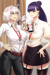 Rule 34 | 2girls, :o, absurdres, ahoge, belt, black skirt, blue eyes, blunt bangs, breasts, brown belt, casul, collared shirt, commentary, cross, cup, curtains, dress shirt, earrings, english commentary, fate/grand order, fate (series), garter straps, glasses, hair between eyes, hair bun, high ponytail, highres, hime cut, holding, holding cup, huge filesize, id card, jeanne d&#039;arc (fate), jeanne d&#039;arc alter (avenger) (fate), jeanne d&#039;arc alter (fate), jewelry, lanyard, large breasts, martha (fate), multiple girls, office lady, open mouth, pants, pencil skirt, penthesilea (fate), purple hair, shirt, short hair, silver hair, single hair bun, skirt, standing, straight hair, thighhighs, white shirt, yellow eyes