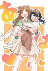 Rule 34 | 19 okeke, 2girls, @ @, animal ears, bear ears, black hair, blush, brown hair, brown skirt, carrying, closed eyes, commentary request, facing viewer, fake animal ears, fukumaru koito, green shirt, hair ornament, hairband, hairclip, highres, ichikawa hinana, idolmaster, idolmaster shiny colors, kneehighs, loafers, long hair, long sleeves, low twintails, multiple girls, open mouth, princess carry, shirt, shoes, skirt, socks, translation request, twintails, white footwear, white shirt