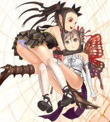 Rule 34 | 2girls, ass, blue panties, boots, bug, bustier, butterfly, camisole, detached sleeves, drill hair, elbow gloves, fairy, gloves, headlock, insect, lingerie, long hair, mini person, minigirl, miniskirt, multiple girls, nao (artist), panties, pantyshot, pointy ears, shoes, short hair, skirt, thighhighs, twintails, underwear, white panties, white thighhighs, wings