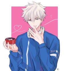 Rule 34 | 1boy, blue eyes, blue shirt, box, box of chocolates, chocolate, chocolate on face, finger to mouth, food, food on face, headphones, headphones around neck, heart, highres, holding, holding box, long sleeves, looking at viewer, lu guang, male focus, mr yheu, pink background, shiguang dailiren, shirt, short hair, simple background, solo, valentine, white background, white hair