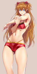 Rule 34 | 1girl, alternate breast size, bikini, blue eyes, breasts, brown hair, curvy, grey background, hair between eyes, hairpods, interface headset, lips, long hair, looking at viewer, medium breasts, navel, neon genesis evangelion, parted lips, red bikini, shiny clothes, simple background, skindentation, solo, souryuu asuka langley, standing, swimsuit, twintails, underboob, zucchini
