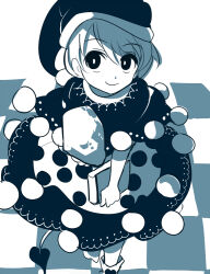Rule 34 | 1girl, book, closed mouth, commentary request, doremy sweet, dress, greyscale, hat, holding, holding book, looking at viewer, monochrome, nagare, nightcap, pom pom (clothes), smile, solo, tail, tapir tail, touhou