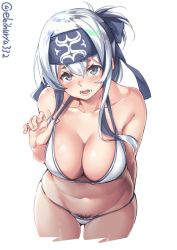 Rule 34 | 1girl, arm behind back, artist name, bikini, black pubic hair, breasts, cleavage, collarbone, cowboy shot, cropped legs, ebifurya, female pubic hair, grey eyes, halterneck, headband, highres, kamoi (kancolle), kantai collection, large breasts, leaning forward, looking at viewer, navel, open mouth, pubic hair, silver hair, simple background, solo, strap lift, swimsuit, thick eyebrows, twitter username, white background, white bikini