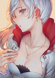 Rule 34 | 1girl, :o, beige background, blue eyes, breasts, cleavage, collarbone, commentary request, earrings, hand on own chest, head tilt, izumi sai, jewelry, long hair, long sleeves, necklace, open mouth, parted lips, profile, rwby, scar, scar across eye, scar on face, side ponytail, silver hair, simple background, small breasts, solo, upper body, weiss schnee