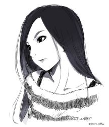Rule 34 | 1girl, black hair, collarbone, greyscale, lips, long hair, looking to the side, md5 mismatch, monochrome, off-shoulder, off-shoulder sweater, off shoulder, original, poaro, resized, sketch, solo, spaghetti strap, striped clothes, striped sweater, sweater, twitter username, upper body