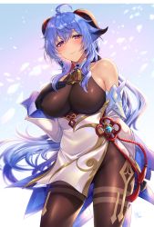 Rule 34 | 1girl, ahoge, bare shoulders, bell, black gloves, blue hair, blush, bodystocking, breasts, brown pantyhose, detached sleeves, dress, elbow gloves, ganyu (genshin impact), genshin impact, gloves, gomi (hakumaiteacher), highres, horns, large breasts, long hair, looking at viewer, pantyhose, purple eyes, smile, thighs, white dress