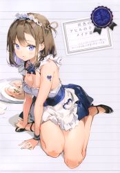 Rule 34 | 1girl, absurdres, anmi, apron, arm support, bare shoulders, black footwear, blush, breasts, brown hair, dress, feet, food, frills, full body, hair ornament, high heels, highres, legs, looking at viewer, maid headdress, mary janes, medium breasts, no legwear, open mouth, original, pizza, purple eyes, scan, shoes, simple background, sitting, sleeveless, solo, tattoo, tray, waist apron, waitress, wrist cuffs