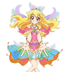 Rule 34 | 10s, 1girl, aikatsu!, aikatsu! (series), blonde hair, bracelet, collarbone, cowboy shot, crossed legs, dress, earrings, eyelashes, gem, hair ornament, happy, head tilt, heart, hoshimiya ichigo, jewelry, knees together feet apart, long hair, looking at viewer, lots of jewelry, necklace, outstretched arms, palms, pendant, pink dress, red eyes, simple background, sinko (sinsin), smile, solo, standing, white background