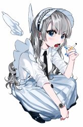 Rule 34 | 1girl, 2pineapplepizza, angel wings, apron, black neckwear, blue eyes, blue nails, blush, breasts, cigarette, curly hair, dress, fang, fingernails, frilled apron, frills, highres, lip piercing, long hair, maid, maid headdress, nail polish, necktie, open mouth, original, piercing, silver hair, simple background, waist apron, watch, white background, white dress, wing collar, wings, wristwatch