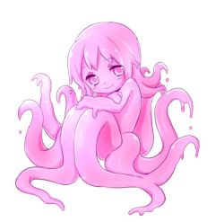 Rule 34 | 1girl, closed mouth, colored sclera, colored skin, crossed arms, full body, kai himo, looking at viewer, monster girl, nude, original, pink eyes, pink hair, pink sclera, pink skin, scylla, simple background, slime girl, smile, solo, tentacles, tentacle hair, white background