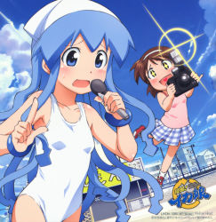 Rule 34 | + +, 2girls, blue eyes, blue hair, blush, camera, copyright name, day, flat chest, hairband, hat, heart, heart in mouth, highres, ikamusume, index finger raised, microphone, multiple girls, nagatsuki sanae, official art, one-piece swimsuit, open mouth, shinryaku! ikamusume, swimsuit, tentacles, tentacle hair, white one-piece swimsuit