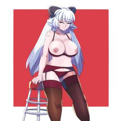 Rule 34 | absurdres, animal ears, baphomet (grizz), breasts, breasts out, closed eyes, demon girl, garter belt, garter straps, goat ears, goat girl, goat horns, helltaker, highres, horns, large breasts, lingerie, lueduar, stool, tattoo, thighhighs, underwear, white hair