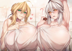 Rule 34 | 2girls, :t, ?, ahoge, artoria pendragon (fate), artoria pendragon (lancer) (fate), artoria pendragon (lancer alter) (fate), bathroom, blonde hair, breast press, breasts, chocolate, chocolate on face, fate/grand order, fate (series), food, food on face, green eyes, heart, hirasawa seiji, huge breasts, looking at viewer, multiple girls, naked towel, pocky, symmetrical docking, towel, white hair, yellow eyes