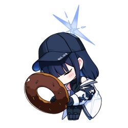 Rule 34 | 1girl, armband, artpatient, baseball cap, black armband, black gloves, black hat, black pants, black shirt, blue archive, blue hair, blunt bangs, chibi, doughnut, food, full body, gloves, halo, hat, holding, holding food, jacket, long hair, long sleeves, off shoulder, open clothes, open jacket, pants, revision, saori (blue archive), shirt, simple background, solo, standing, white background, white jacket