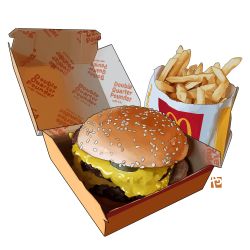 Rule 34 | absurdres, burger, cheese, commentary, english commentary, food, french fries, highres, mcdonald&#039;s, no humans, pickle, sesame seeds, still life, studiolg, watermark, white background