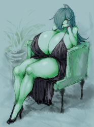 Rule 34 | 1girl, 2b-ge, ahoge, bags under eyes, black dress, blush, bracelet, breasts, breasts on lap, bursting breasts, chair, cleavage, dress, female focus, full body, gigantic breasts, green theme, grey background, hair over one eye, half-closed eyes, high heels, highres, jewelry, legs, limited palette, long hair, looking at viewer, mei&#039;s mom (2b-ge), naughty face, original, pearl bracelet, plant, potted plant, sitting, smile, solo, spot color, standing, thick thighs, thighs