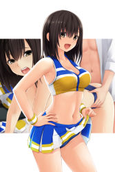 Rule 34 | 1boy, 1girl, :d, bare arms, bare shoulders, blue panties, blush, breasts, brown eyes, brown hair, cheerleader, cleavage, clothes lift, collarbone, commentary request, cowboy shot, doggystyle, highres, long hair, long sleeves, looking at viewer, medium breasts, midriff, miniskirt, multiple views, navel, nonaka ritsu, open clothes, open mouth, open shirt, original, panties, sex, sex from behind, shirt, skirt, skirt lift, smile, solo focus, sweat, teeth, underwear, upper teeth only, white background, white shirt, wristband