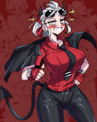 Rule 34 | 1girl, blind, breasts, collared shirt, crazy agong, demon girl, demon horns, demon tail, eyewear on head, fingerless gloves, gloves, helltaker, highres, horns, jacket, jacket on shoulders, justice (helltaker), large breasts, looking at viewer, necktie, red gloves, red shirt, shirt, short hair, solo, sunglasses, tail, white hair