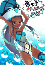 Rule 34 | 1girl, alternate costume, armpits, arms up, ball guy, blue eyes, blue hair, blue one-piece swimsuit, blue thighhighs, blush, breasts, collarbone, cowboy shot, creatures (company), dark-skinned female, dark skin, dutch angle, earrings, female focus, forehead, fumirumochigashin, game freak, hair ornament, happy, highres, holding, hoop earrings, japanese text, jewelry, long hair, looking at viewer, mascot head, medium breasts, navel, nessa (pokemon), net ball, nintendo, object on head, one-piece swimsuit, open mouth, outline, poke ball, pokemon, pokemon swsh, see-through, skindentation, smile, solo, standing, sweat, swimsuit, teeth, thighhighs, translated, very long hair, white outline
