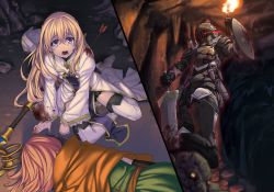 Rule 34 | 10s, 1boy, 1girl, arm up, armor, arrow (projectile), arrow in body, black gloves, black skirt, blonde hair, blood, blood on clothes, blue eyes, boots, breastplate, crying, crying with eyes open, gloves, glowing, glowing eye, goblin, goblin slayer, goblin slayer!, hair between eyes, helmet, highres, holding, holding sword, holding weapon, kannatsuki noboru, long hair, lossy-lossless, lying, miniskirt, novel illustration, official art, on stomach, open mouth, orange hair, pee, peeing, peeing self, priestess (goblin slayer!), red eyes, skirt, staff, sword, tears, thigh boots, thighhighs, weapon, white footwear