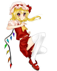 Rule 34 | 1girl, :&lt;, ascot, bad id, bad pixiv id, blonde hair, blouse, blush, bow, dress, flandre scarlet, frills, full body, gradient eyes, hair between eyes, hair bow, hair ribbon, hat, koyashaka, looking at viewer, mary janes, mob cap, multicolored eyes, red dress, red eyes, red footwear, red skirt, ribbon, shirt, shoes, short sleeves, side ponytail, simple background, skirt, skirt set, solo, thighhighs, touhou, white background, white thighhighs, wings, zettai ryouiki