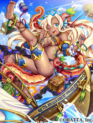 Rule 34 | 1girl, anklet, aqua eyes, barefoot, barrel, bikini, bikini bottom only, blonde hair, blue nails, blush, breasts, cleavage, company name, copyright request, dark-skinned female, dark skin, day, flower, gold trim, gyaru, hair flower, hair ornament, iroyopon, jewelry, large breasts, long hair, looking at viewer, nail polish, one eye closed, open mouth, smile, solo, sparkle, swimsuit, teeth, underboob, upper teeth only, very long hair, water drop