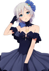 Rule 34 | 10s, 1girl, anastasia (idolmaster), bare shoulders, black gloves, blue eyes, blush, breasts, cleavage, crescent, d:, detached collar, detached sleeves, dress, earrings, gem, gloves, hair ornament, hand in own hair, head tilt, highres, idolmaster, idolmaster cinderella girls, jewelry, looking at viewer, open mouth, pendant, short hair, silver hair, simple background, small breasts, solo, upper body, white background, yahiro (epicopeiidae)