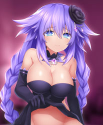 Rule 34 | 1girl, black dress, blue eyes, blush, braid, breasts, cleavage, clothes lift, dress, dress lift, elbow gloves, gloves, hair ornament, highres, katade, large breasts, lifting own clothes, long hair, looking at viewer, navel, neptune (neptunia), neptune (series), power symbol-shaped pupils, purple hair, purple heart (neptunia), simple background, solo, symbol-shaped pupils, twin braids, very long hair