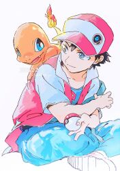 Rule 34 | 1boy, amaya uw, baseball cap, black hair, blue eyes, charmander, closed mouth, commentary request, creatures (company), game freak, gen 1 pokemon, hat, highres, holding, holding poke ball, jacket, male focus, nintendo, open clothes, open jacket, pants, pink headwear, pink jacket, poke ball, poke ball (basic), pokemon, pokemon (creature), pokemon on back, pokemon rgby, red (pokemon), shirt, shoes, short hair, simple background, smile, white background, white footwear