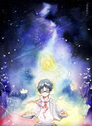 Rule 34 | 10s, 1boy, 1girl, arima kousei, bare back, black hair, blonde hair, blue background, closed eyes, fading, flying paper, from behind, giaour, glasses, long hair, miyazono kawori, musical note, painting (medium), paper, see-through, shigatsu wa kimi no uso, short hair, smile, spoilers, traditional media, very short hair, watercolor (medium), wind