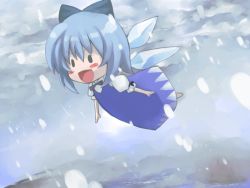 Rule 34 | 1girl, blue hair, chibi, cirno, cloud, day, dress, female focus, flying, full body, gradient background, morino hon, outdoors, perfect cherry blossom, short hair, sky, snow, solo, touhou, wings