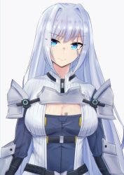 Rule 34 | 1girl, absurdres, armor, blue eyes, breasts, chest tattoo, cleavage cutout, clothing cutout, ethel (xenoblade), grey hair, hair intakes, highres, large breasts, latte, long hair, pauldrons, shoulder armor, smile, tattoo, xenoblade chronicles (series), xenoblade chronicles 3