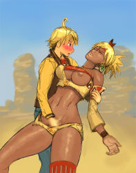 Rule 34 | 1boy, 1girl, age difference, blonde hair, blue eyes, blush, breasts, cleavage, dark nipples, dark skin, closed eyes, fingering, hetero, interracial, johnny garland, looking at another, midriff, motion blur, native american, nipples, nose blush, one breast out, outdoors, ponytail, shadow hearts, shadow hearts from the new world, shania, short hair, short shorts, shorts, thighs, yellow shorts